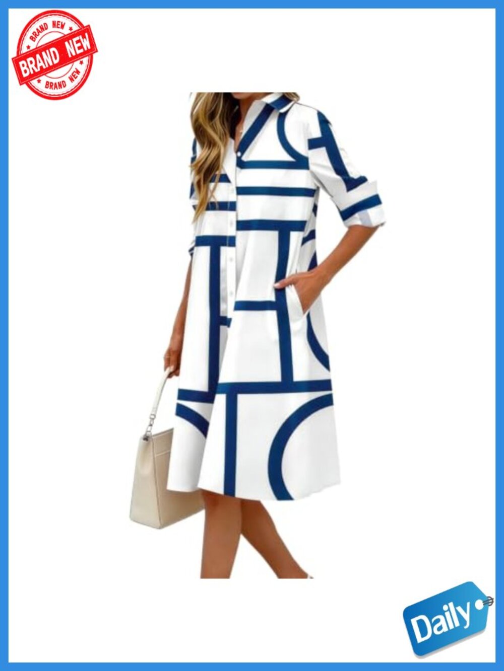 Long Sleeve Button Down Shirt Dress Midi A-Line with Pockets